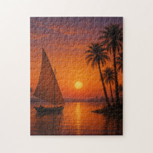Nile River Sunset Sailboat Egyptian Art Jigsaw Puzzle