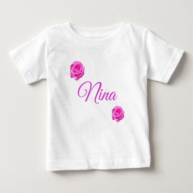 Nina, Name With Pink Roses,  Baby T-Shirt (Front)