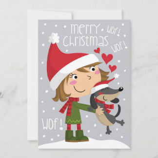Niña y perro salchicha. Little girl and dachshund. Holiday Card