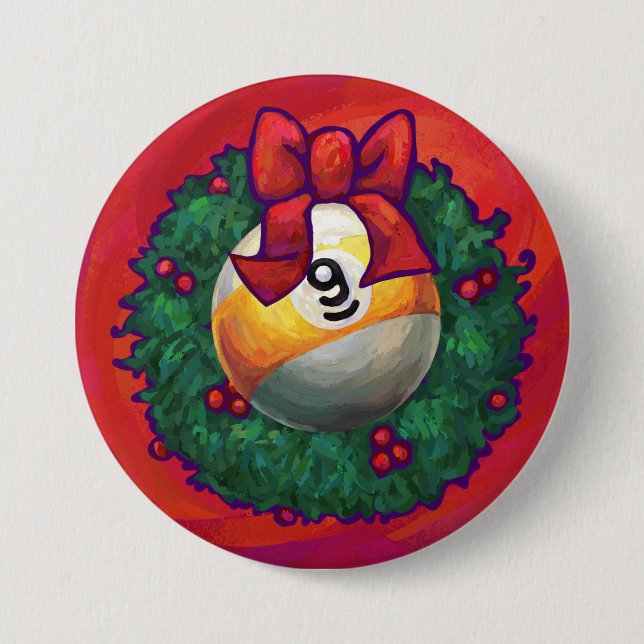 Nine Ball in Christmas Wreath on Red 7.5 Cm Round Badge (Front)