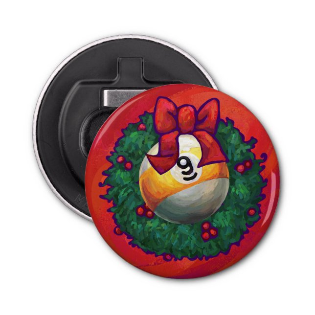 Nine Ball in Christmas Wreath on Red Bottle Opener (Front)