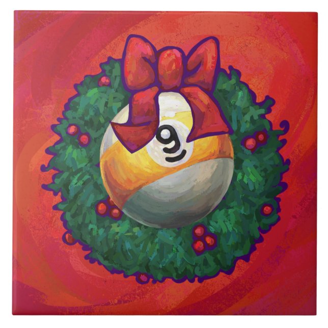 Nine Ball in Christmas Wreath on Red Ceramic Tile (Front)