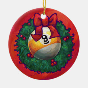 Nine Ball in Christmas Wreath on Red Ceramic Tree Decoration