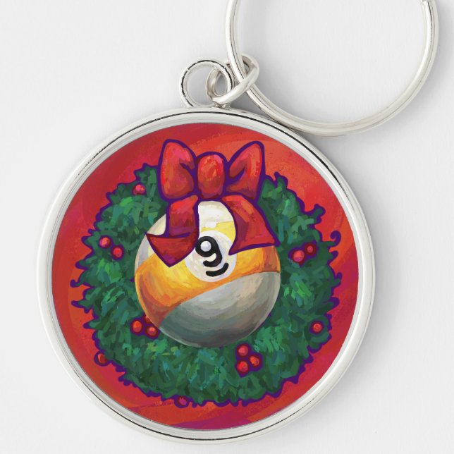 Nine Ball in Christmas Wreath on Red Key Ring (Front)