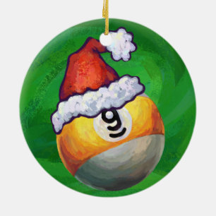 Nine Ball in Santa Hat on Green Ceramic Tree Decoration