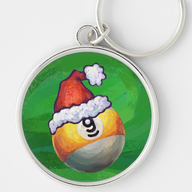 Nine Ball in Santa Hat on Green Key Ring (Front)