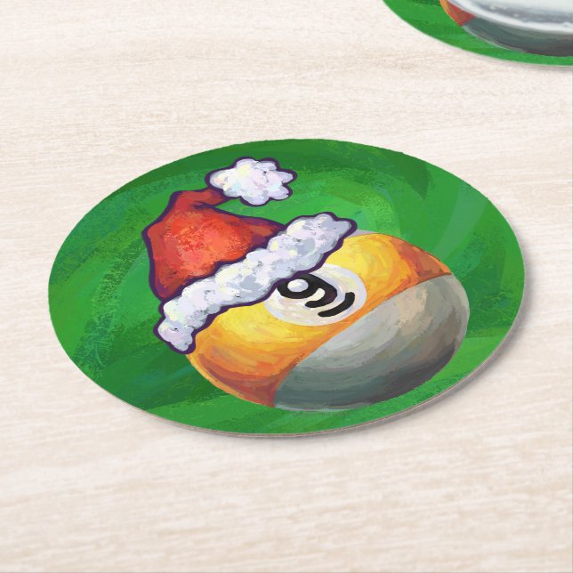 Nine Ball in Santa Hat on Green Round Paper Coaster (Angled)