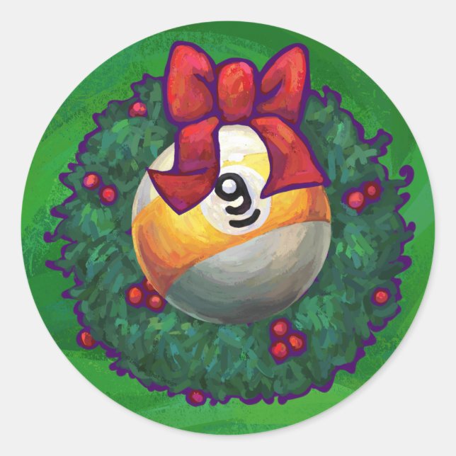 Nine Ball in Wreath on Green Classic Round Sticker (Front)