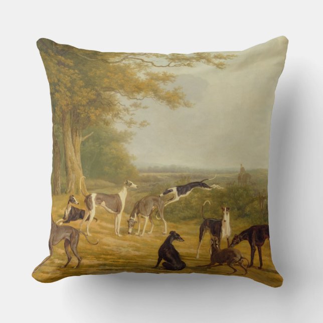 Nine Greyhounds in a Landscape (oil on canvas) Cushion (Front)