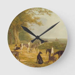 Nine Greyhounds in a Landscape (oil on canvas) Round Clock