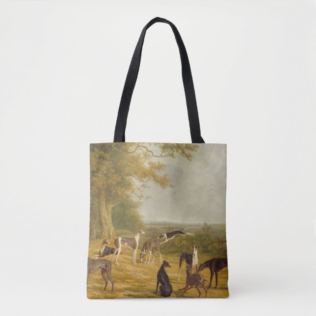 Nine Greyhounds in a Landscape (oil on canvas) Tote Bag (Front)