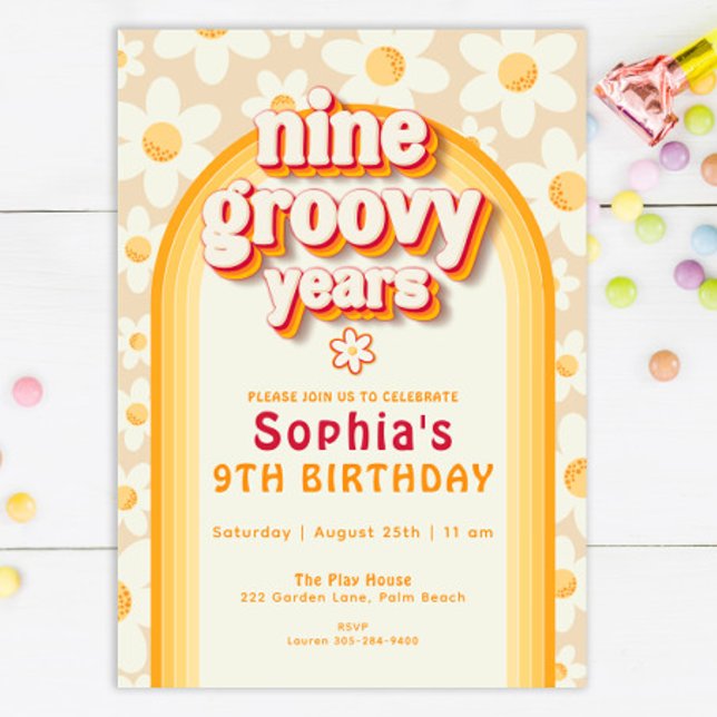 Nine Groovy Years 9th Birthday Invitation | Retro  (Creator Uploaded)