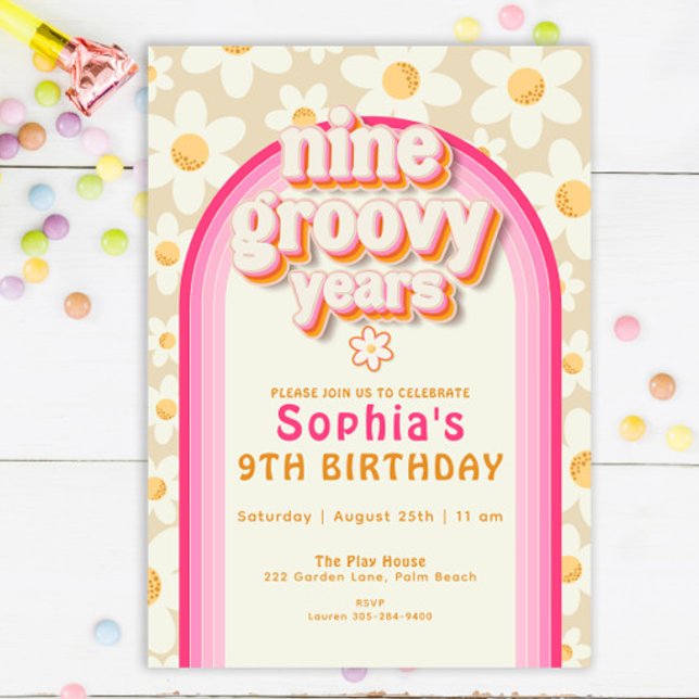 Nine Groovy Years Daisy Rainbow Birthday Invitatio Invitation (Creator Uploaded)