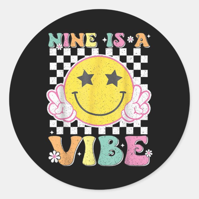 Nine Is A Vibe 9th Birthday Groovy Smile Face 9 Ye Classic Round Sticker (Front)