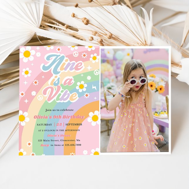 Nine Is A Vibe Groovy Daisy Rainbow 9th Birthday Invitation (Creator Uploaded)