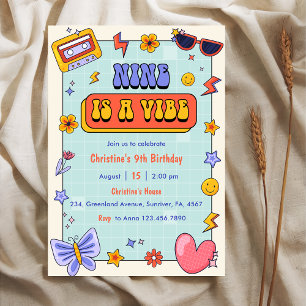 Nine Is A Vibe Groovy Hippie 9th Birthday Party  Invitation