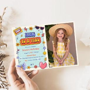 Nine Is A Vibe Groovy Hippie 9th Birthday Photo  Invitation