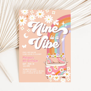 Nine is a Vibe Groovy Pink Daisy 9th Birthday Invitation