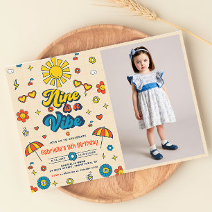 Nine is a Vibe Groovy Retro Daisy Birthday Photo  Invitation