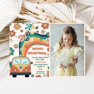 Nine Is A Vibe Groovy Retro Floral 9th Birthday Invitation