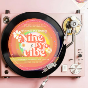 Nine is a Vibe Groovy Retro Vinyl Rainbow Daisy Invitation