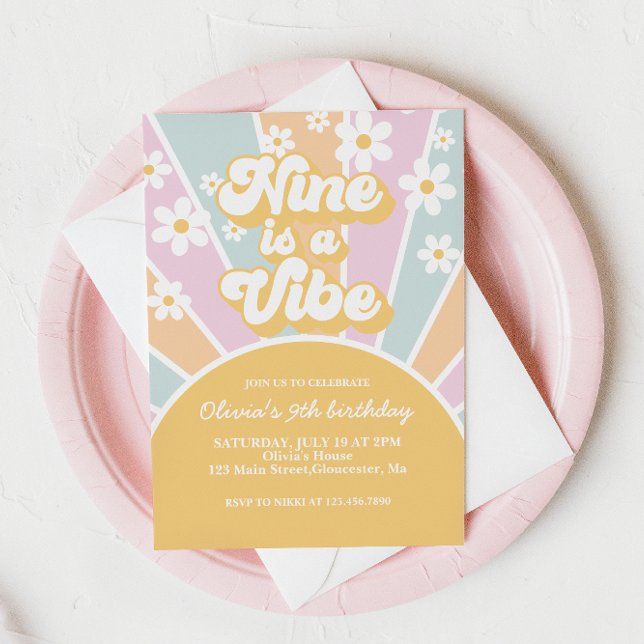 Nine is a Vibe Pastel Retro Sunshine daisy Invitation (Creator Uploaded)