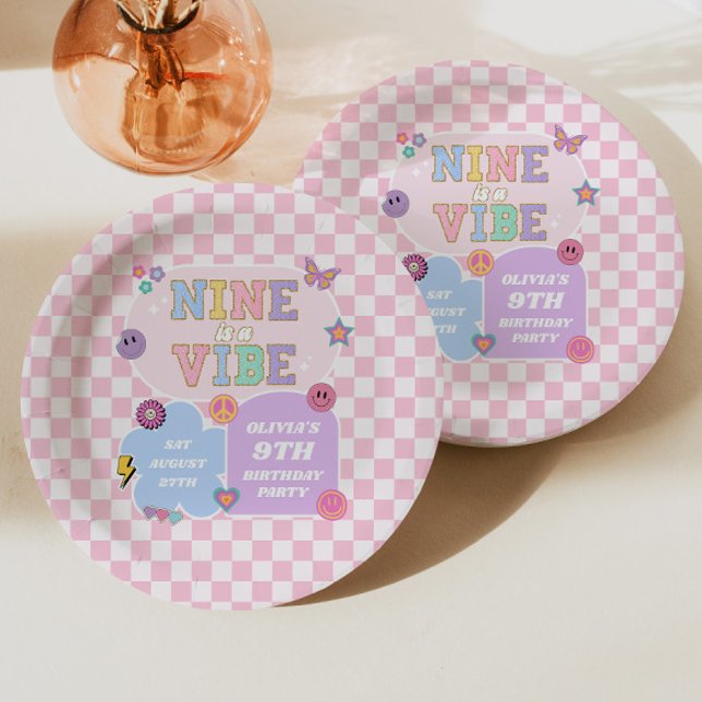 Nine Is A Vibe Preppy Patch 9th Birthday Party Paper Plate (Creator Uploaded)