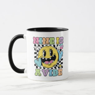 Nine Is A Vibe Retro 9th Birthday Smiley Mug