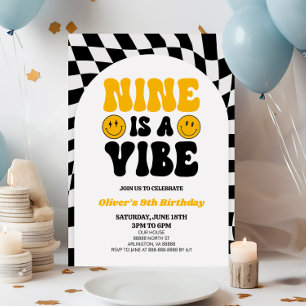 Nine Is A Vibe Retro First 9th Birthday Party Invitation