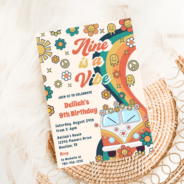 Nine Is A Vibe Retro Floral 9th Birthday Party Invitation (Creator Uploaded)