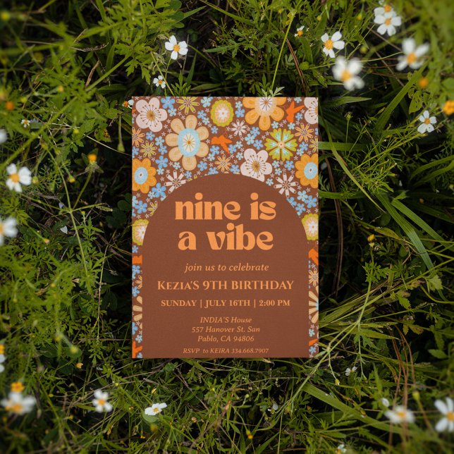 Nine is a Vibe Retro Groovy Flowers 9th Birthday Invitation (Creator Uploaded)