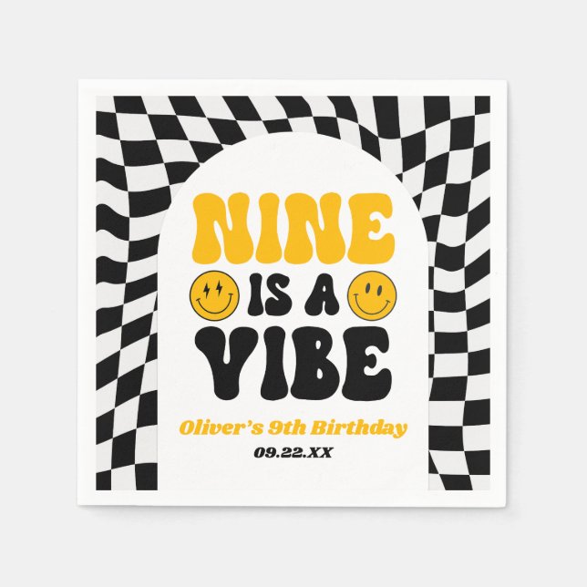Nine Is A Vibe Retro Ninth 9th Birthday Party Napkin (Front)