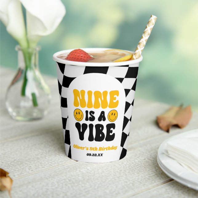Nine Is A Vibe Retro Ninth 9th Birthday Party Paper Cups (Insitu)