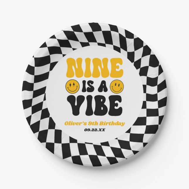 Nine Is A Vibe Retro Ninth 9th Birthday Party Paper Plate (Front)