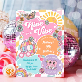 Nine is a Vibe Retro Preppy Varsity Disco Birthday Invitation