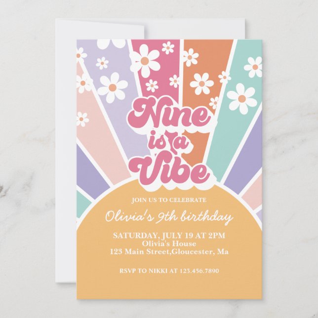 Nine is a Vibe Retro Sunshine Rainbow Daisy Invitation (Front)