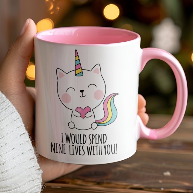 Nine Lives Cute Catcorn Kawaii Valentines Day Mug (That's right the cat is out of the bag on this one and your love life will never be the same.)
