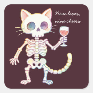 Nine Lives Nine Cheers Cute Skeleton Cat Halloween Square Sticker
