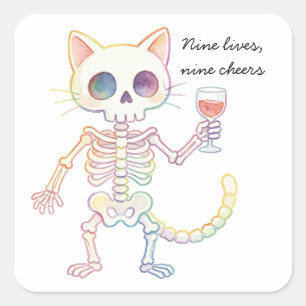 Nine Lives Nine Cheers Cute Skeleton Cat Halloween Square Sticker