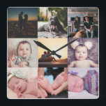 Nine Photo Collage Template Square Wall Clock<br><div class="desc">Photo Collage 9 Photo and Text Template .. simply add your own photographs to this great wall clock .. easy to personalise .. customisable photo template clock from Ricaso - perfect gift-ideas</div>