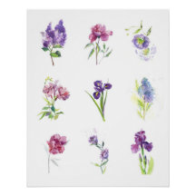 Nine Spring Flowers Botanical Watercolor