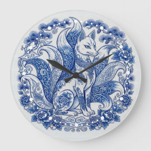 Nine-Tailed Fox Kitsune Imari Style Blue White Large Clock
