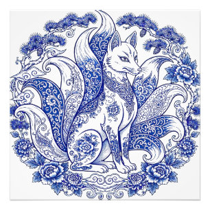 Nine-Tailed Fox Kitsune Imari Style Blue White Photo Print