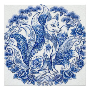 Nine-Tailed Fox Kitsune Imari Style Blue White Photo Print