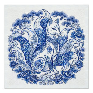 Nine-Tailed Fox Kitsune Imari Style Blue White Photo Print