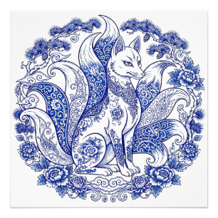Nine-Tailed Fox Kitsune Imari Style Blue White Photo Print
