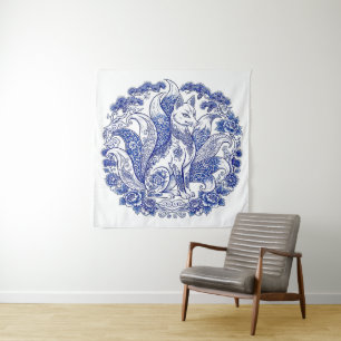 Nine-Tailed Fox Kitsune Imari Style Blue White Tapestry