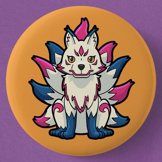 Nine-Tailed Fox- Kyuubi Kitsune Yokai 6 Cm Round Badge (Nine-Tailed Fox Yokai Can Badge- Detail View)