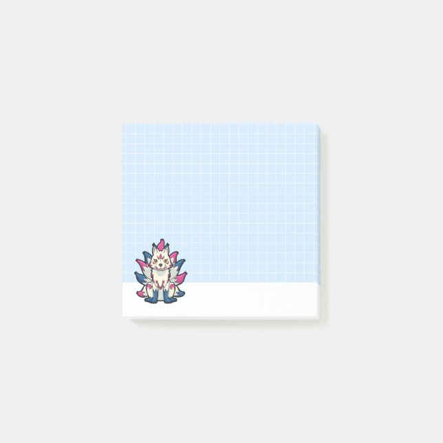 Nine-Tailed Kitsune- Japanese Fox Yokai Blue Grid Post-it Notes (Front)