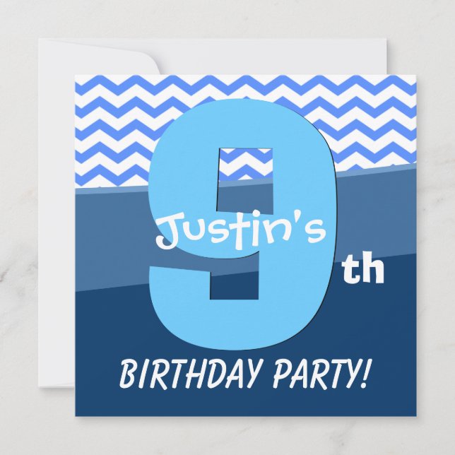Nine Year Old Birthday Blue Pattern For Boy V06H2 Invitation (Front)
